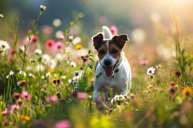 Hond die door een veld rent Huisdier en lente Generatieve AI
