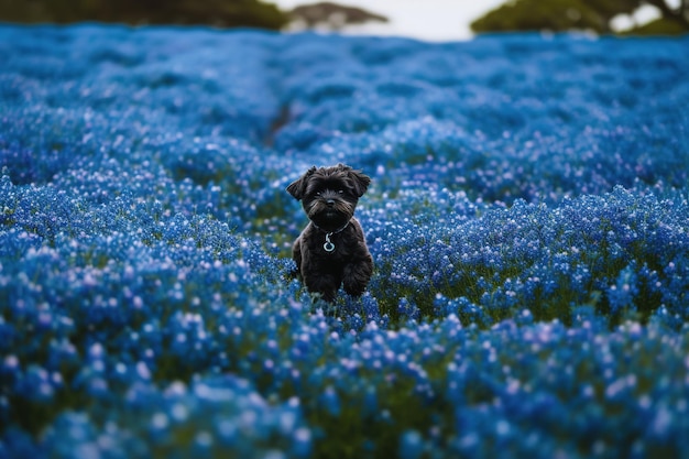 Hond die door gebied van blauwe bloemen loopt Generatieve AI