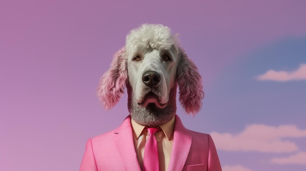 Hond die een roze jurk draagt met een roze achtergrondHD 8K behang achtergrond Stock Photographic Image