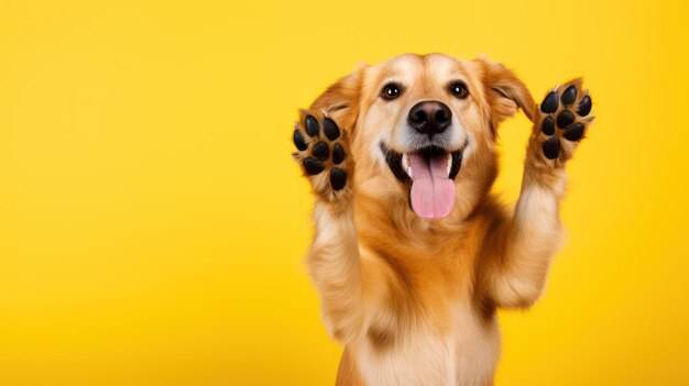 Hond die glimlacht op een gele achtergrond