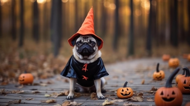 Hond die heksenhoed en Halloween-pompoen draagt op wegachtergrond