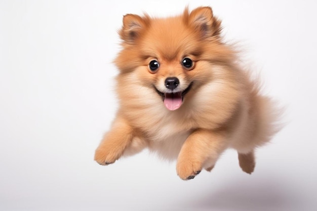 hond die in de lucht springt kleine oranje pluizige hond op een geïsoleerde achtergrond.