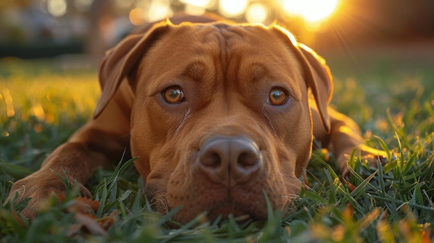 Hond die in het gras ligt