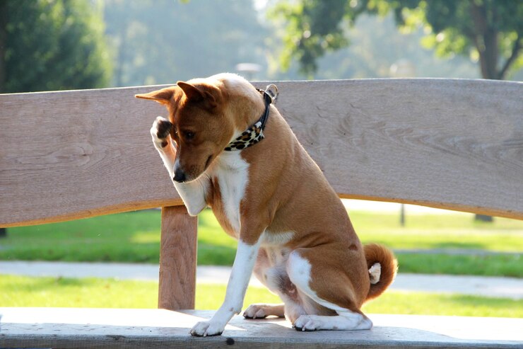 Foto hond die op een bank zit