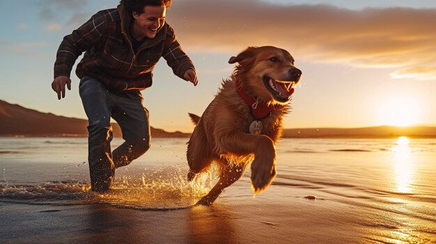 Foto hond die op het strand speelt