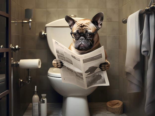 hond die op het toilet zit en een tijdschrift leest ongewoon