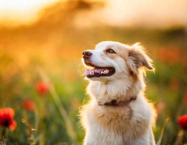 Foto hond die opzij kijkt rond in het buiten grasveld met zonsondergang licht