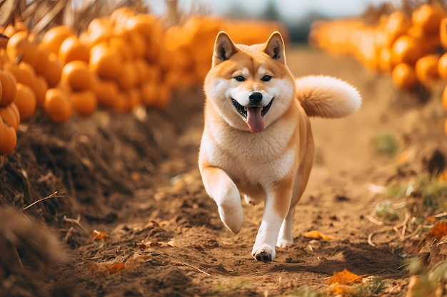 Foto hond die tegen de achtergrond van pompoenflarden loopt halloween-concept generatieve ai