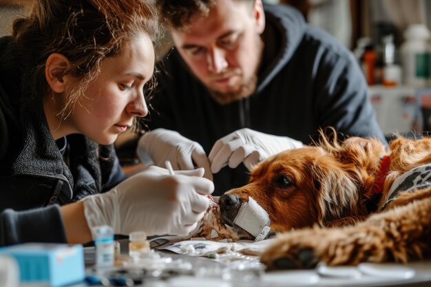 Hond die thuis wordt behandeld en verzorgd na een verwonding