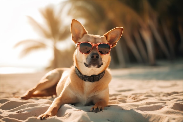 Hond die zonnebril draagt die op een strand ligt AI gegenereerde inhoud