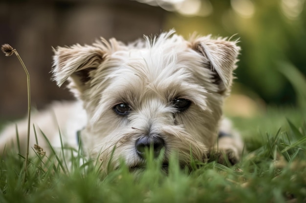 Hond dommelt weg in de tuin