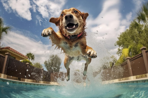 Hond duikt in een zwembad met waterdruppels in de lucht