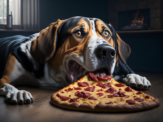 Hond eet pizza gegenereerd door AI.