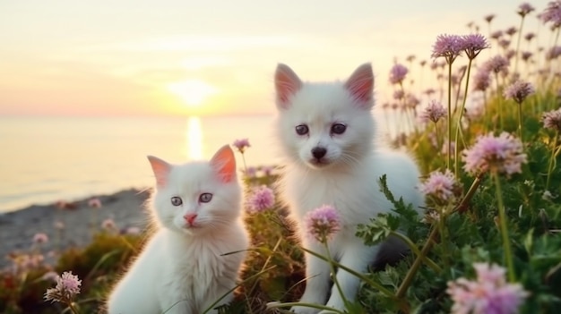 hond en cacgrappige pluizige puppy en kitten zitten op het strand met wilde bloemen strand en in zee bij zonsondergang