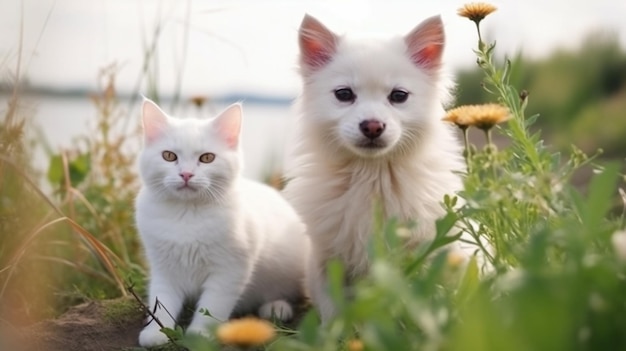 hond en cacgrappige pluizige puppy en kitten zitten op het strand met wilde bloemen strand en in zee bij zonsondergang