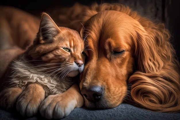 Hond en kat die naast elkaar liggen Generatieve AI