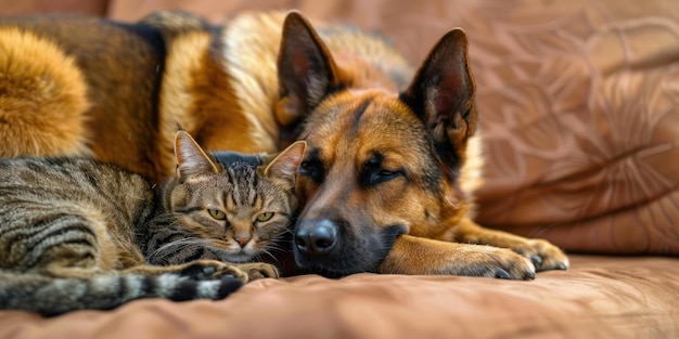 Foto hond en kat knuffelen