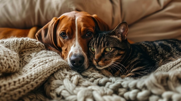 Hond en kat liggen dicht bij elkaar op een gebreide deken