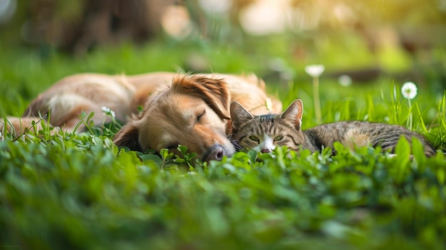 Hond en kat liggen in het gras.