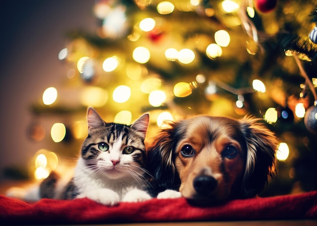 Foto hond en kat liggen samen op kerstmis glitter verlichting achtergrond