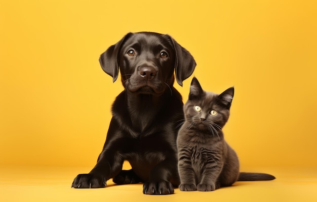 hond en kat met zwarte vacht op een gele achtergrond huisdieren concept generatief ai