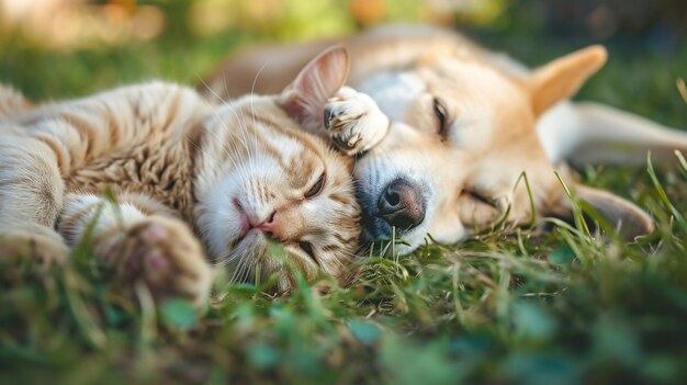 Hond en kat spelen samen buiten op de rug samen Generatieve Ai