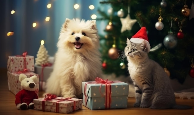 Hond en kat vieren kerst bij de kerstboom.