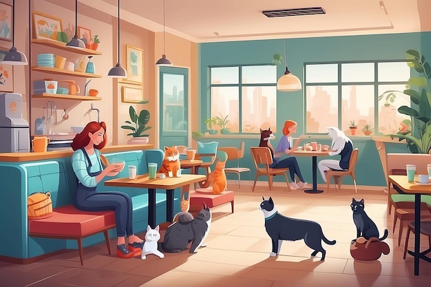 Hond en kat vriendelijke café interieur met meubels en apparatuur Cartoon vrouwen met huisdieren