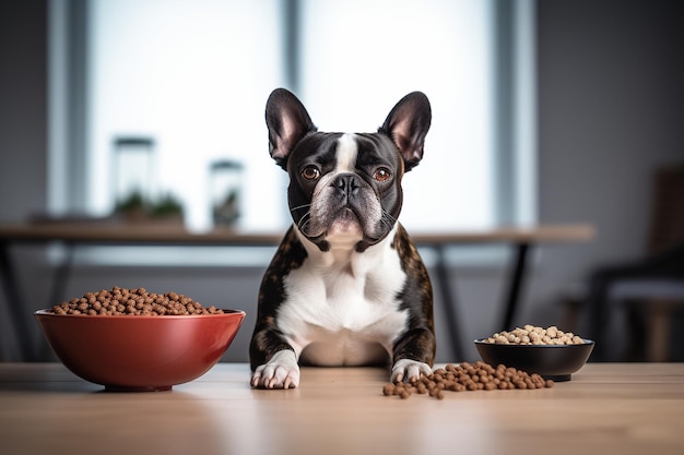 Hond en kom met droogvoer in een modern appartement Generatieve Ai