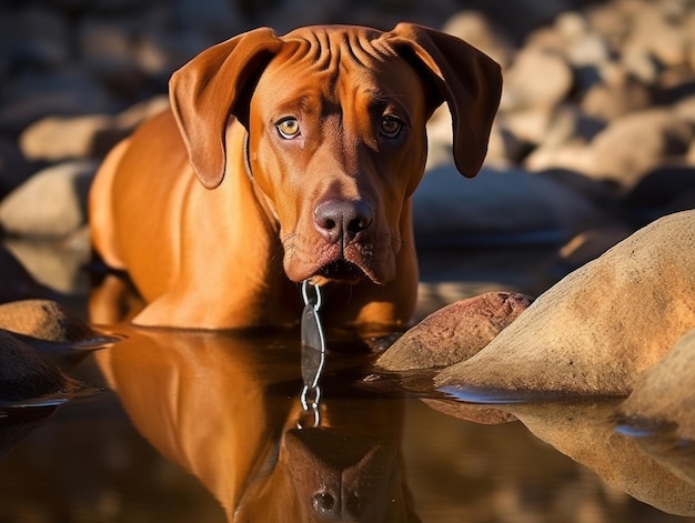 Hond en zijn weerspiegeling in een rustige vijver