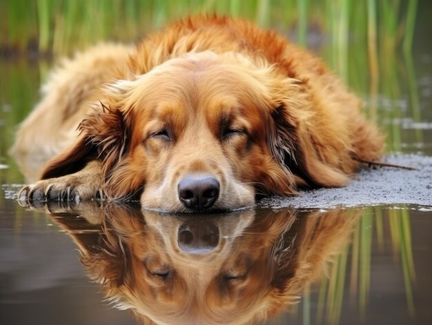 Hond en zijn weerspiegeling in een rustige vijver