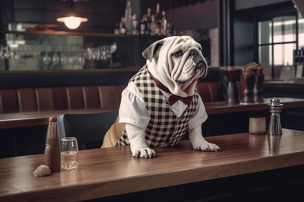 Hond engelse bulldog ober in de bar achter de toog pub voor dieren elegante dieren generatieve ai