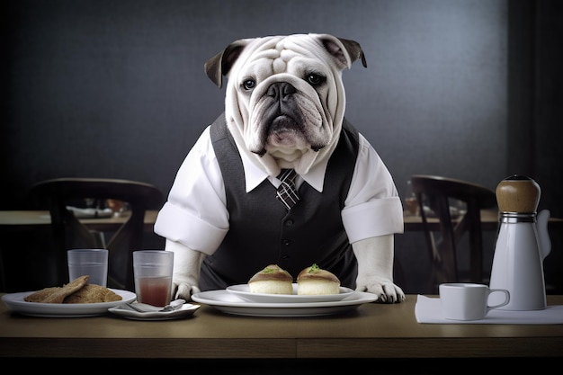 Hond engelse bulldog ober in de bar achter de toog pub voor dieren elegante dieren generatieve ai