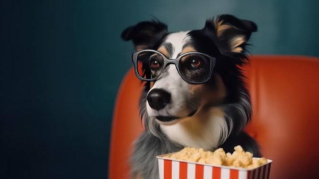 Hond film kijken met een doos popcorn