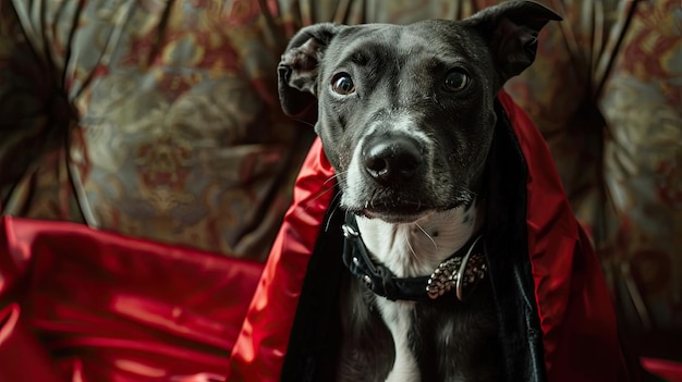 Hond gekleed als vampier verkent de wereld in een ongewone mantel Deze mascotte, een trouwe vriend van de mens, houdt een speelse kostuumshoot.