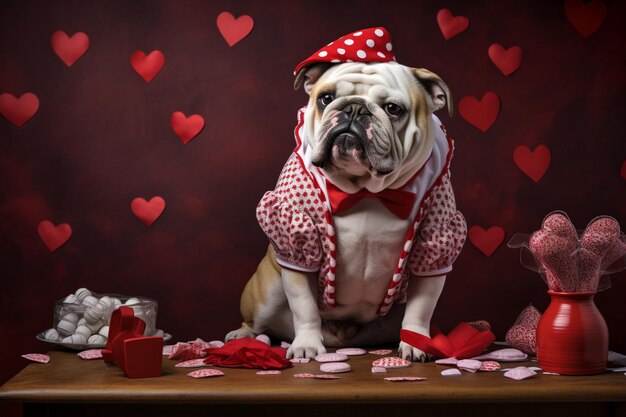 Hond gekleed in valentines harten kostuum