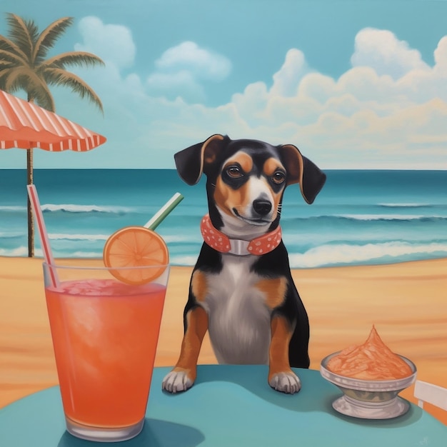 Hond geniet van een cocktail op het strand Generatieve AI