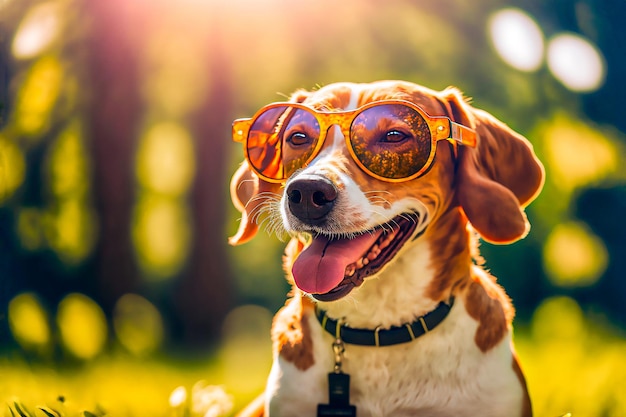 hond glimlachend met een bril in de zomer