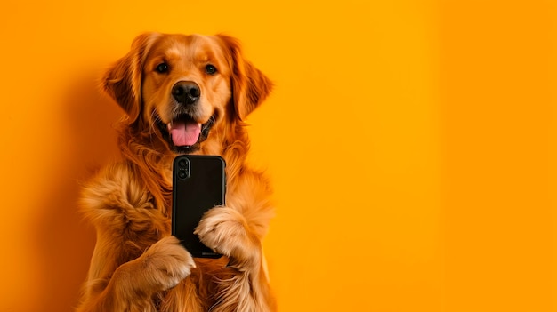 Foto hond gouden retriever die een mobiele telefoon vasthoudt met zijn poten op een gewone gele achtergrond die een studiofoto simuleert