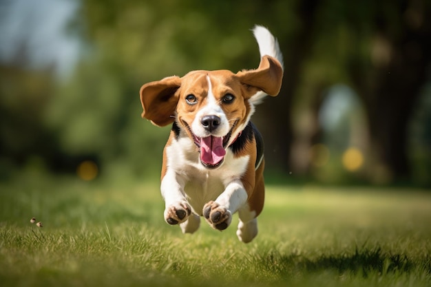 Hond heeft plezier en rent naar de camera, kwijlt vliegend op een groen gazon Generatieve ai