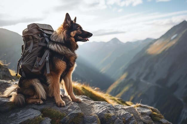 Hond in de bergen met een rugzak