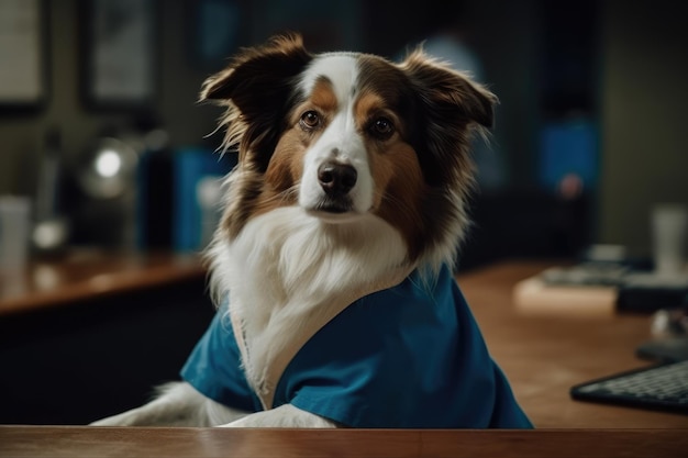 Hond in doktersgewaad zit aan tafel in ziekenhuis Generatieve AI