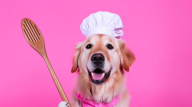 Foto hond in een chef-kok hoed en met een spatel in zijn mond op een roze achtergrond