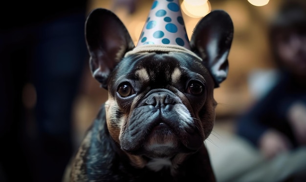 Hond in een feestelijke pet op een verjaardagsfeestje generatieve AI