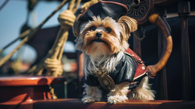 Hond in een piratenkostuum op een schip op zee