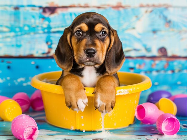 hond in een schuimbad in een modern interieur