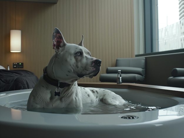 hond in een schuimbad in een modern interieur