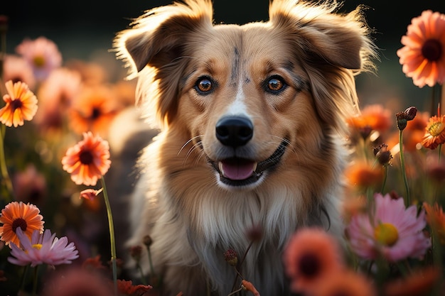 Hond in een veld van bloemen