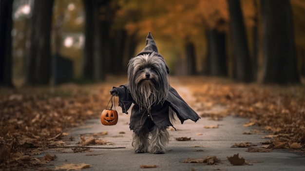 Hond in Halloween kostuum in het bos.