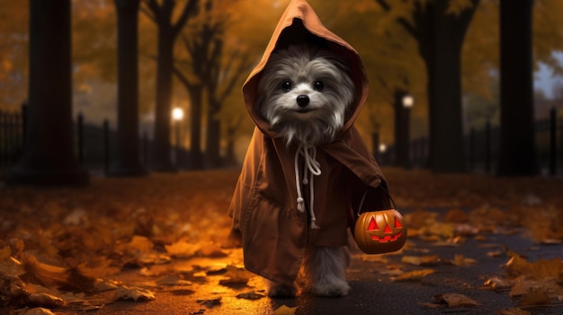 Hond in Halloween-kostuum in het bos